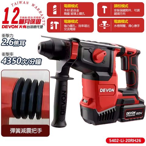 DEVON 大有 20V鋰電無刷電鎚鑽(雙鋰電) 5402-Li-20RH26