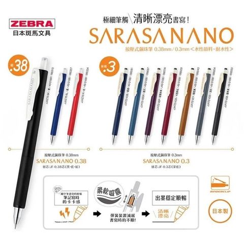 ZEBRA 斑馬牌 日本 斑馬 SARASA NANO 文具大賞 0.3/0.38 自動鋼珠筆(JJH72/JJXZ72)