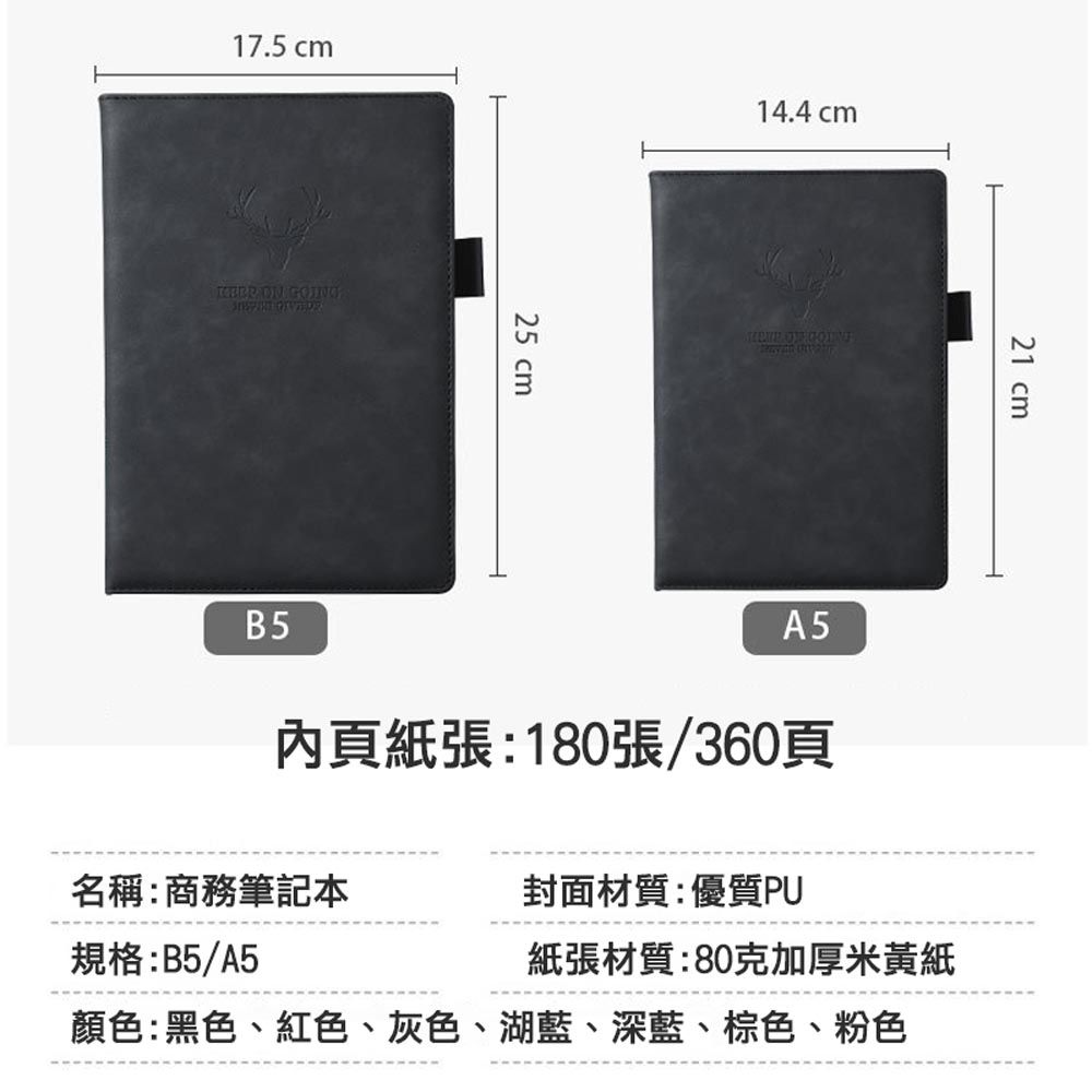 17.5 cm  B525 cm14.4 cmA5內頁紙張:180張/360頁21 cm名稱:商務筆記本封面材質:優質PU規格:B5/A5紙張材質:80克加厚米黃紙顏色:黑色、紅色、灰色、湖藍、深藍、棕色、粉色