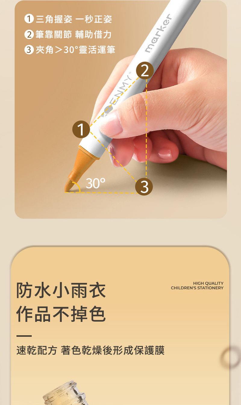 三角握姿一秒正姿筆靠關節 輔助借力 30靈活運筆2ENMY30°3防水小雨衣作品不掉色速乾配方 著色乾燥後形成保護膜markerHIGH QUALITYCHILDRENS STATIONERY