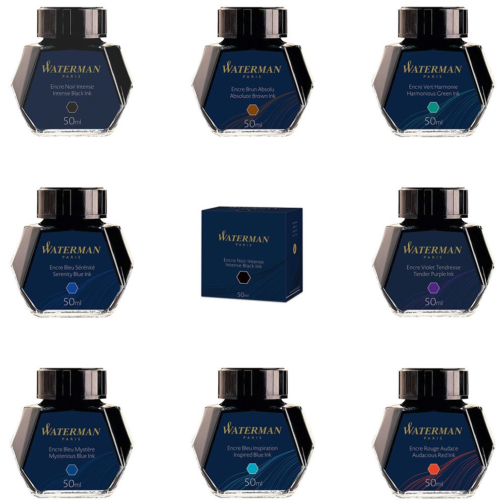 WATERMANEncre Noir IntenseIntense Black InkWATERMANPARISEncre Brun AbsoluAbsolute Brown InkWATERMANPARISEncre Vert HarmonieHarmonious Green Inkl50WATERMANPARISWATERMANPARISEncre Bleu SérénitéSerenity Blue InkEncre Noir IntenseIntense Black Ink50ml50WATERMANPARISEncre Violet TendresseTender Purple Ink50mlWATERMANPARISEncre Bleu MystèreMysterious Blue InkWATERMANPARISEncre Bleu InspirationInspired Blue InkWATERMANPARISEncre Rouge AudaceAudacious Red Ink50ml50m50ml