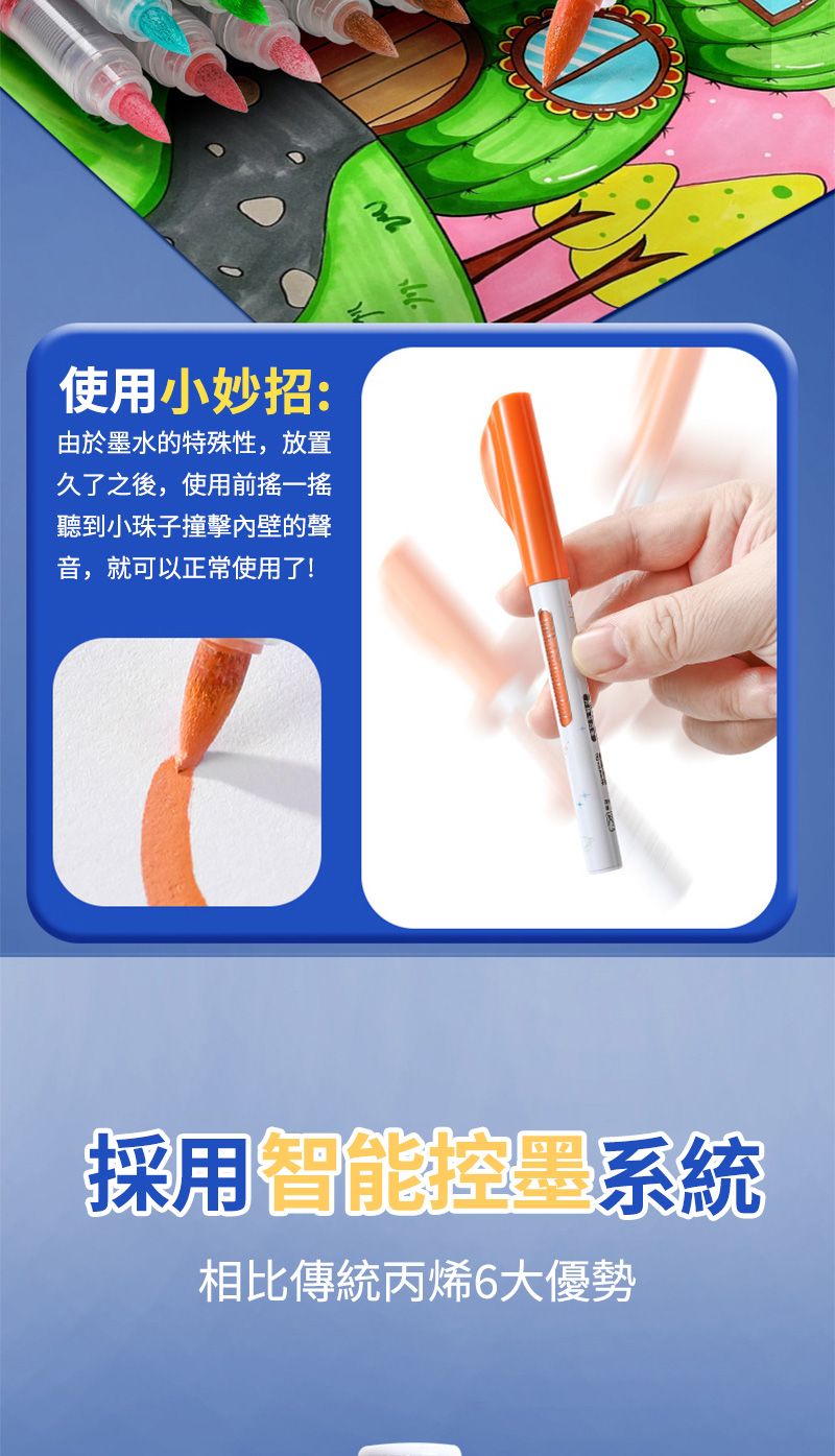 使用小妙招:由於墨水的特殊性,放置久了之後,使用前搖一搖聽到小珠子撞擊內壁的聲音,就可以正常使用了!採用系統相比傳統丙烯6大優勢