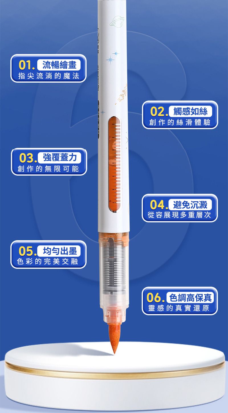 01. 流暢繪畫指尖流淌的魔法 強覆蓋力創作的無限可能05.均勻出墨色彩的完美交融02 觸感如絲創作的絲滑體驗04. 避免沉澱從容展現多重層次色調高保真靈感的真實還原
