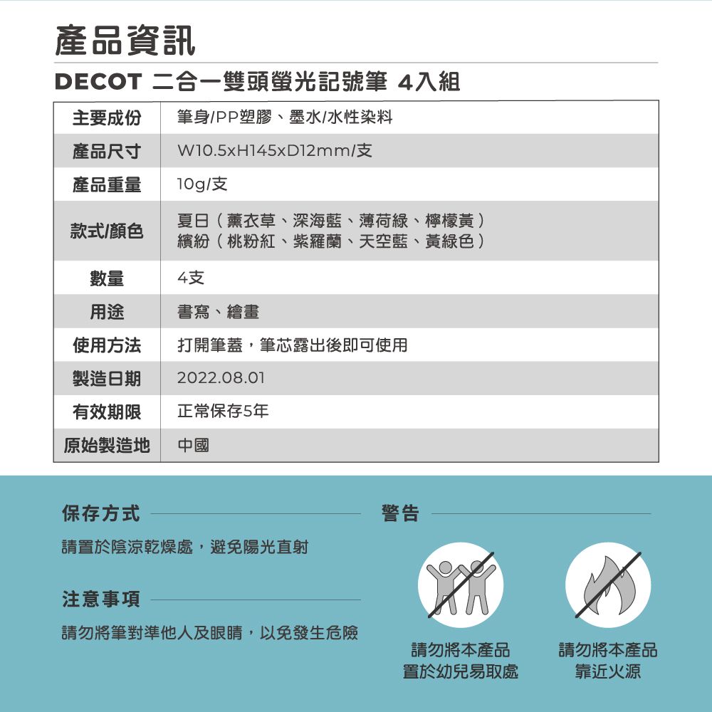 產品資訊DECOT 二合一雙頭螢光記號筆 4入組主要成份產品尺寸產品重量筆身/PP塑膠、墨水/水性染料W10.5xH145xD12mm/支/支款式/顏色夏日(薰衣草、深海藍、薄荷綠、檸檬黃)繽紛(桃粉紅、紫羅蘭、天空藍、黃綠色)數量4支用途書寫、繪畫使用方法打開筆蓋,筆芯露出後即可使用製造日期2022.08.01有效期限原始製造地正常保存5年中國保存方式警告請置於陰涼乾燥處,避免陽光直射注意事項請勿將筆對準他人及眼睛,以免發生危險請勿將本產品請勿將本產品置於幼兒易取處靠近火源