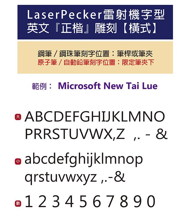LaserPecker雷射機字型英文『正楷雕刻【式】鋼筆/鋼珠筆刻字位置筆桿或筆原子筆 / 自動鉛筆刻字位置: 限定筆夾下Microsoft New Tai Lue ABCDEFGHIKLMNOJPRRSTUVWXZ  &abcdefghijklmnopqrstuvwxyz,&-01234567890