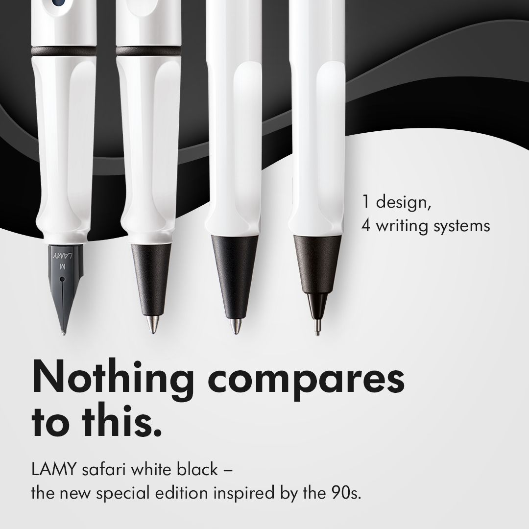 W1 design,4 writing systemsNothing comparesto this.LAMY safari white black the new special edition inspired by the 90s.