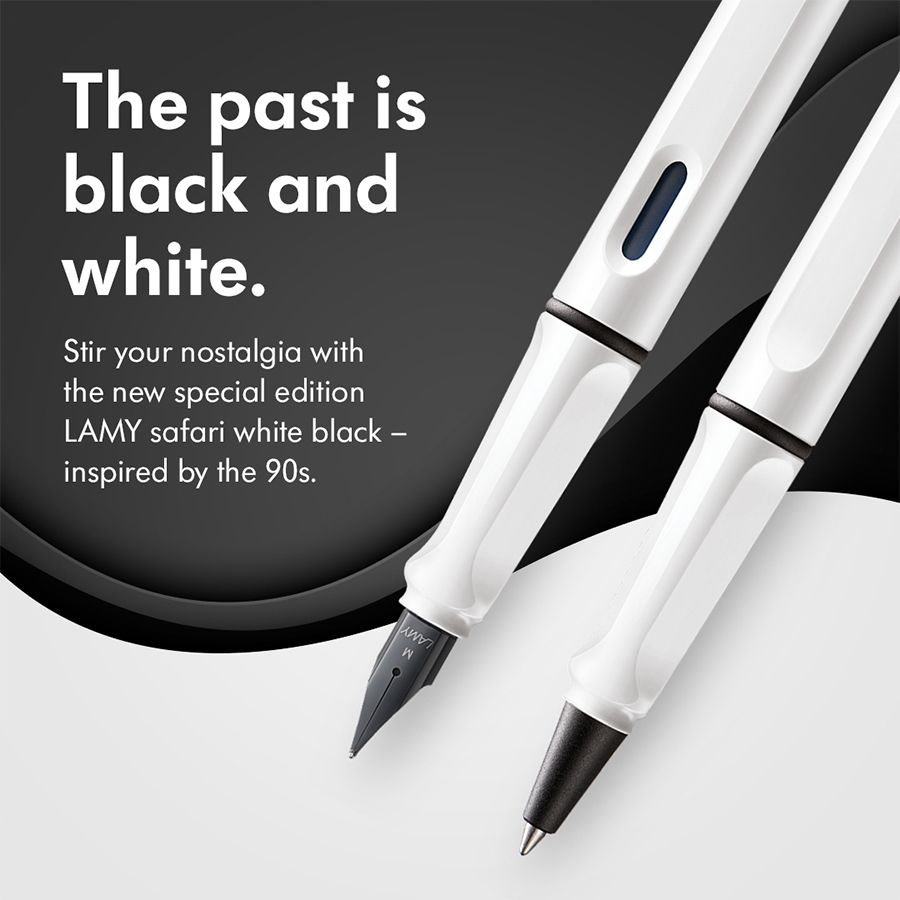 The past isblack andwhite.Stir your nostalgia withthe new special editionLAMY safari white black inspired by the 90s.