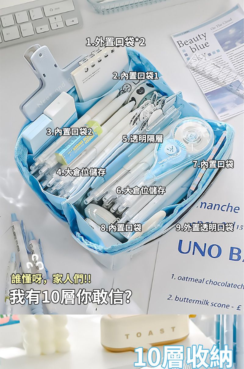 and1.外置口袋2On The Cloud2.內置口袋1Beautybluesky內置口袋2透明隔層大倉位儲存WAN 7.內置口袋大倉位儲存8.內置口袋懂呀家我有10層你敢信?nanche9.外置透明口袋 15UNO B.1. oatmeal chocolatech2. buttermilk scone  £TOAST10層收納