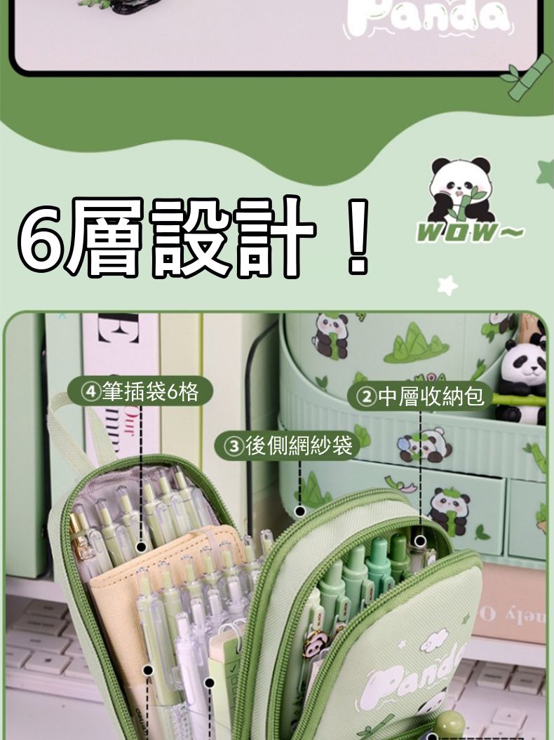 6層設計!④筆插袋6格③後側網紗袋②中層收納包