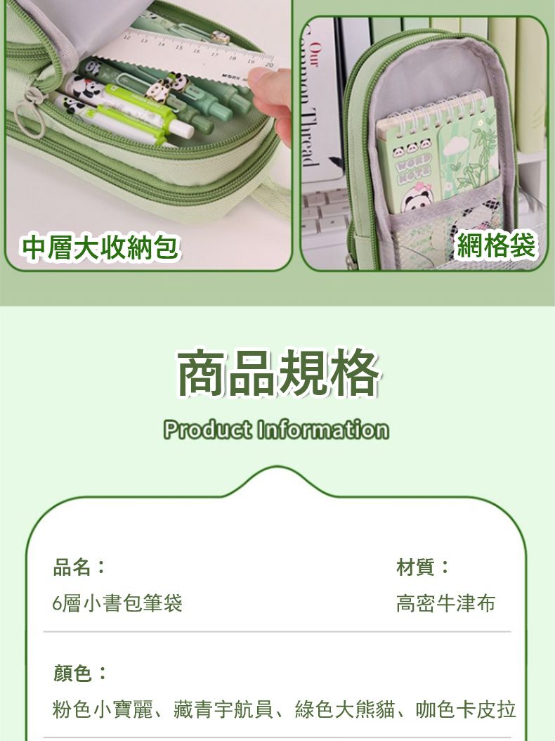 中層大收納包 Thread商品規格Product Information網格袋品名:材質:6層小書包筆袋高密牛津布顏色:粉色小寶麗、藏青宇航員、綠色大熊貓、咖色卡皮拉