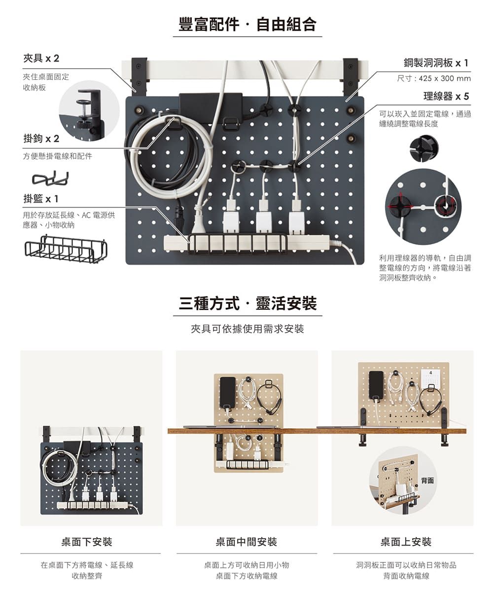 夾具 x 2桌面固定收納板掛鉤x2方便懸掛電線和配件掛籃用於存放延長線、AC電源供應、小物收納豐富配件自由組合鋼製洞洞板尺寸:425x300mm理線器 x5可以入並固定電線,通過纏繞調整電線長度三種方式靈活安裝夾具可依據使用需求安裝利用理線器的導軌,自由調整電線的方向,將電線沿著洞洞板整齊收納。背面桌面下安裝桌面中間安裝桌面上安裝在桌面下方將電線、延長線收納整齊桌面上方可收納小物桌面下方收納電線洞洞板正面可以收納日常物品背面收納電線