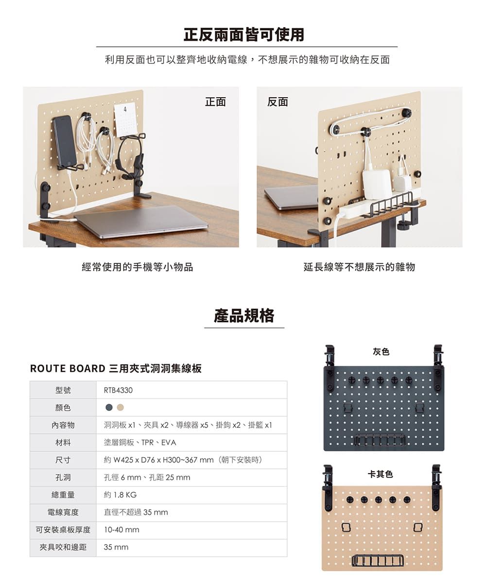 正反兩面皆可使用利用反面也可以整齊地收納電線,不想展示的雜物可收納在反面經常使用的手機等小物品ROUTE BOARD 三用夾式洞洞集線正面反面產品規格型號RTB433顏色內容物洞洞板、夾具x2、導線器 x5、掛鉤x2、掛籃 x1材料塗層鋼板、TPR、EVA尺寸 W425 xD76 xH300~367(朝下安裝時)孔洞孔徑6mm、孔距 25 mm總重量約 1.8 KG電線寬度直徑不超過35mm可安裝桌板厚度10-40 mm夾具咬和邊距35 mm延長線等不想展示的雜物灰色卡其色0