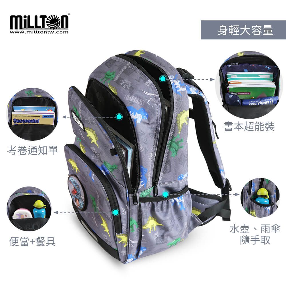  【Millton】澳洲軍規護脊書包 20L-灰岩暴龍Dinosaur World 自由想像總代理