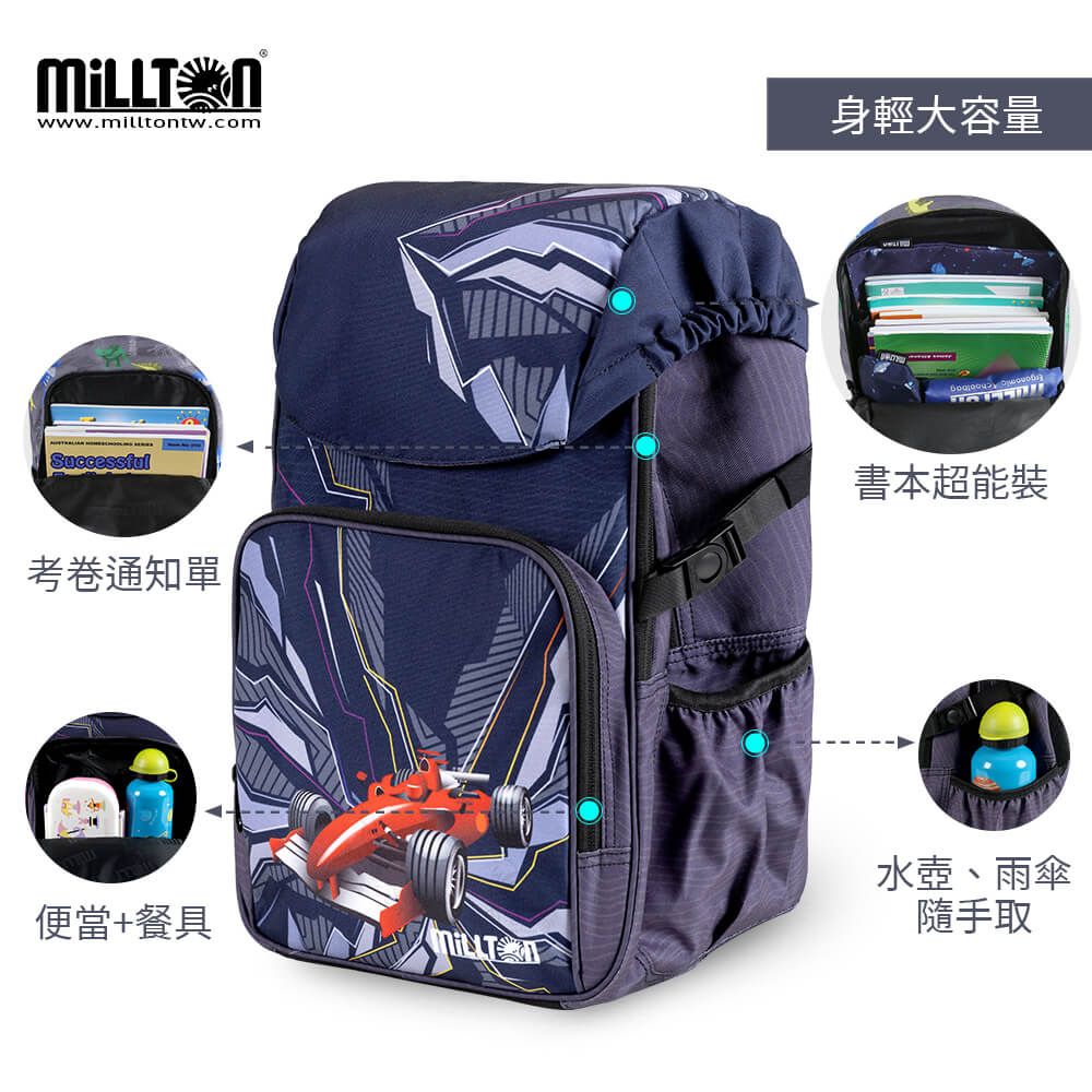  【Millton】澳洲軍規護脊書包 24L-黑晶賽車Top Racing 自由想像總代理