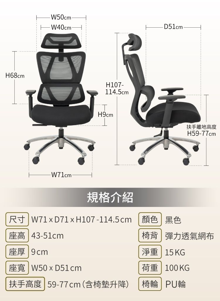 -W50cm-W40cm-D51cmH68cmH107-114.5cmH9cm-cm規格介紹扶手離地高度H59-77cm尺寸  W71  D71xH107-114.5cm顏色 黑色座高 43-51cm椅背彈力透氣網布座厚 9cm淨重 15KG W50D51cm荷重 100 KG扶手高度59-77cm(含椅墊升降)椅輪PU輪