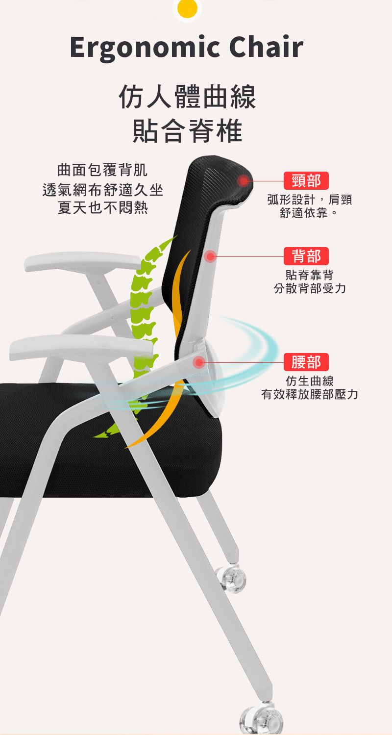 Ergonomic Chair仿人體曲線貼合脊椎曲面包覆背肌透氣網布舒適久坐夏天也不悶熱頸部弧形設計,肩頸舒適依靠。背部貼分散背部受力腰部仿生曲線有效釋放腰部壓力