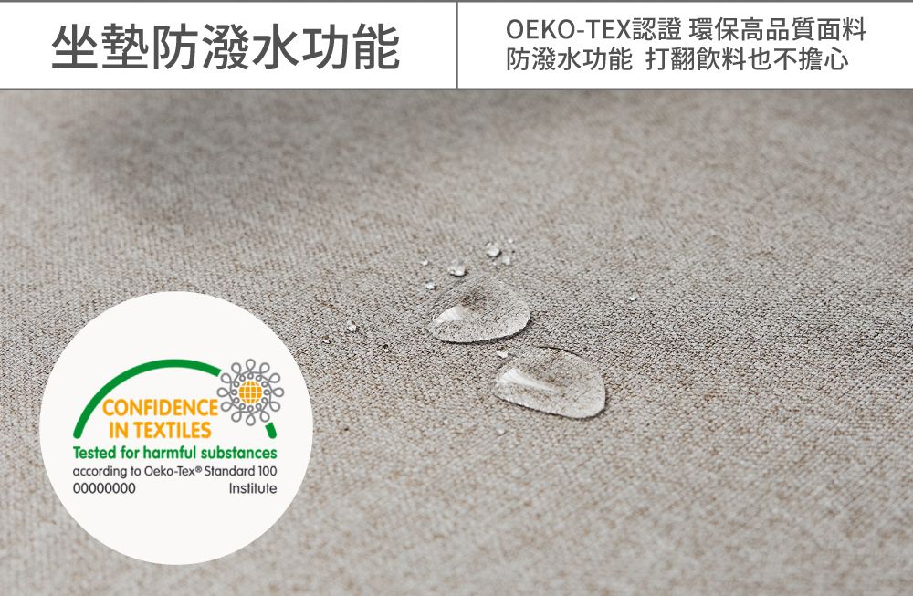 坐墊防潑水功能OEKO-TEX認證 環保高品質面料防潑水功能 打翻飲料也不擔心CONFIDENCEOIN TEXTILESTested for harmful substancesaccording to Oeko-Tex® Standard 10000000000Institute
