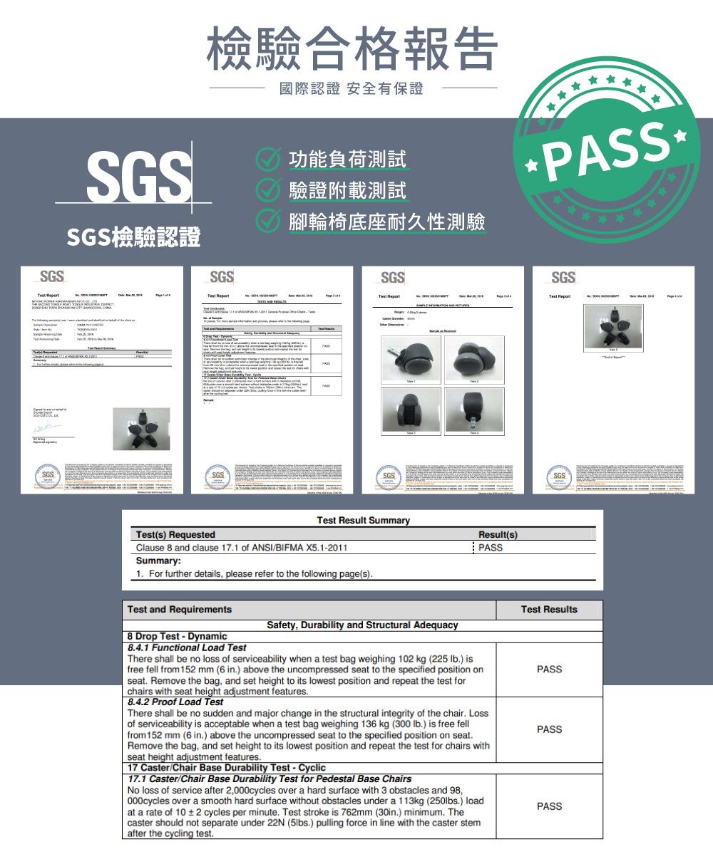 SGSSGSSGS檢驗認證檢驗合格報告國際認證 安全有保證功能負荷測試驗證附載測試腳輪椅底座耐久性測驗SGSSGS   SGSSGS SGSTet Reult SummaryReult(s)PASS(s) RequestedClause 8 and clause 171 of ANSI/BIFMA X512011Summary:1 For further details please refer to the following page(s)SGSTest SGSTest and Requirements8 Drop Test  Dynamic841 Functional Load TestSafety, Durability and Structural AdequacyThere shall be no loss of serviceability when a test bag weighing 102 kg (225 ) isfree fell from 152 mm (6 in.) above the uncompressed seat to the specified position onseat. Remove the bag, and set height to its lowest position and repeat the test forchairs with seat height adjustment features.Test ResultsPASS8.4.2 Proof Load TestThere shall be no sudden and major change in the structural integrity of the chair. Lossof serviceability is acceptable when a test bag weighing 136 kg (300 lb.) is free fellfrom 152 mm (6 in.) above the uncompressed seat to the specified position on seat.Remove the bag, and set height to its lowest position and repeat the test for chairs withseat height adjustment features.PASS17 Caster/Chair Base Durability Test - Cyclic17.1 Caster/Chair Base Durability Test for Pedestal Base Chairs loss of service after 2,000cycles over a hard surface with 3 obstacles and 98,000cycles over a smooth hard surface without obstacles under a 113kg (250lbs.) loadat a rate of 10  2 cycles per minute. Test stroke is 762mm (30in.) minimum. Thecaster should not separate under 22N (5lbs.) pulling force in line with the caster stemafter the cycling test.PASS