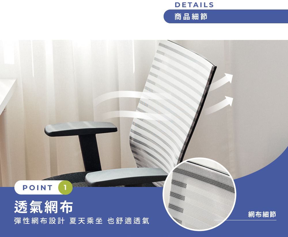 POINT 1透氣網布DETAILS商品細節網布細節彈性網布設計 夏天乘坐也舒適透氣