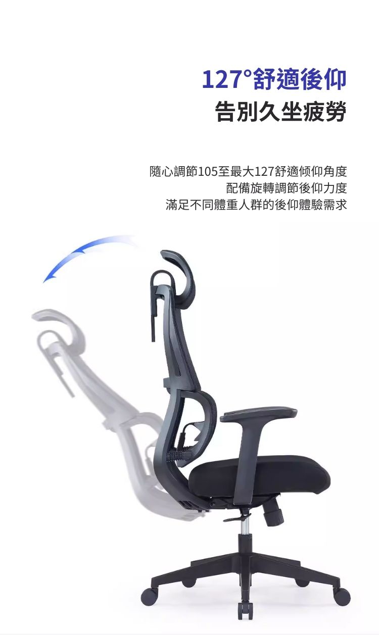 127舒適後仰告別久坐疲勞隨心調節105至最大127舒適倾仰角度配備旋轉調節後仰力度滿足不同體重人群的後仰體驗需求