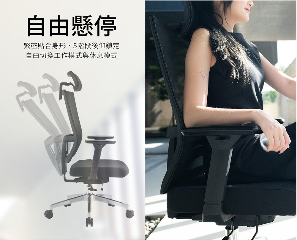 自由懸停緊密貼合身形、5階段後仰鎖定自由切換工作模式與休息模式
