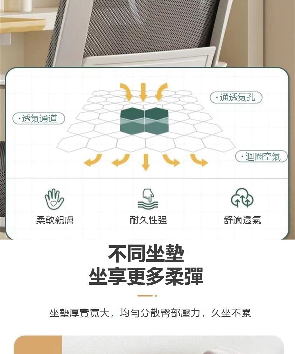 透氣通道通透氣孔迴圈空氣柔軟親膚耐久性强舒適透氣不同坐墊坐享更多柔彈坐墊厚實寬大,均勻分散臀部壓力,久坐不累