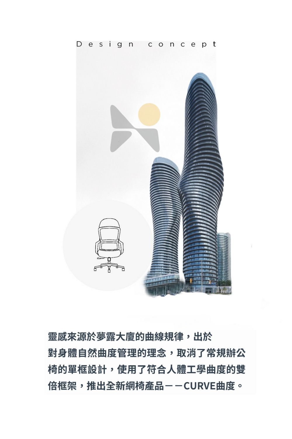 esign conceptD靈感來源於夢露大廈的曲線規律,出於對身體自然曲度管理的理念,取消了常規辦公椅的單框設計,使用了符合人體工學曲度的雙倍框架,推出全新網椅產品-CURVE曲度。