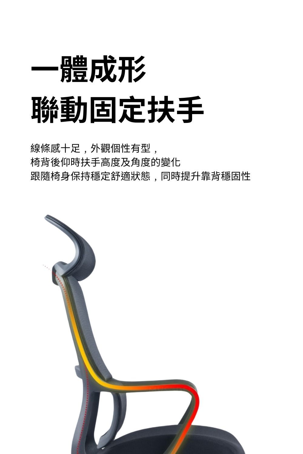 一體成形聯動固定扶手線條感十足,外觀個性有型,背後仰時扶手高度及角度的變化跟隨椅身保持穩定舒適狀態,同時提升靠背穩固性
