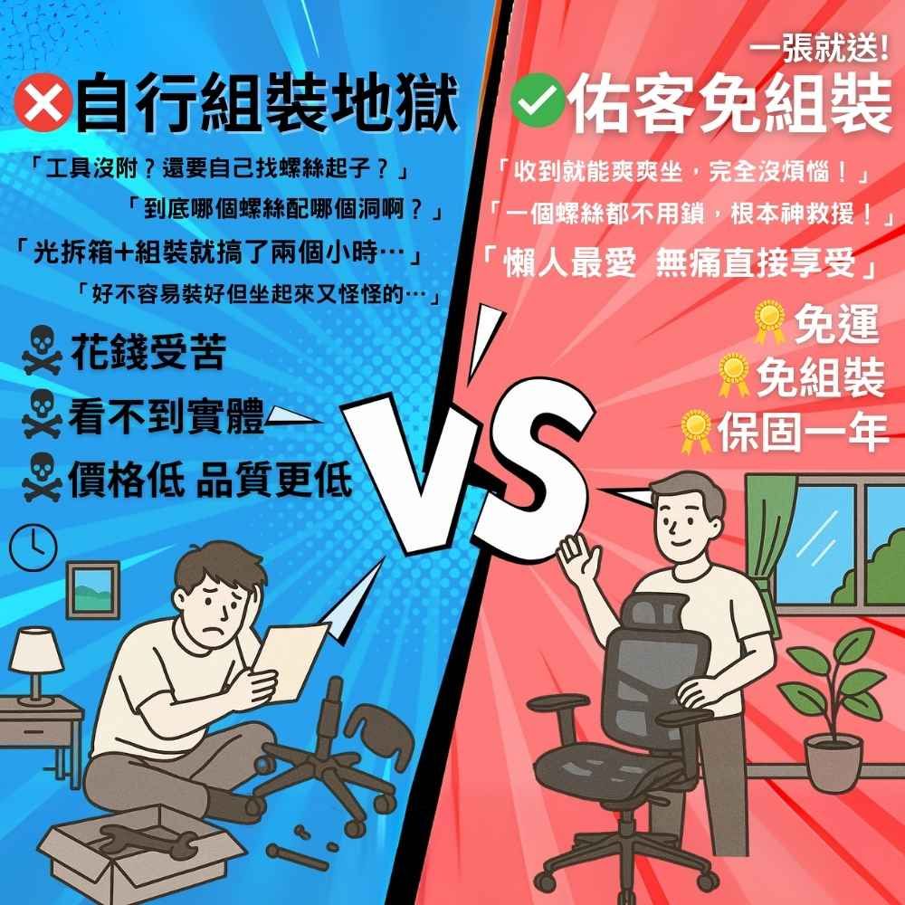 一張就送!組裝地獄 免組裝工具沒附?還要自己找螺絲起子?」收到就能爽爽坐,完全沒煩惱!」「到底哪個螺絲配哪個洞啊?」「一個螺絲都不用鎖,根本神救援!」「光拆箱+組裝就搞了兩個小時…」「好不容易裝好但坐起來又怪怪的…」 花錢受苦看不到實體價格低 品質更低「懶人最愛 無痛直接享受」S免運免組裝保固一年