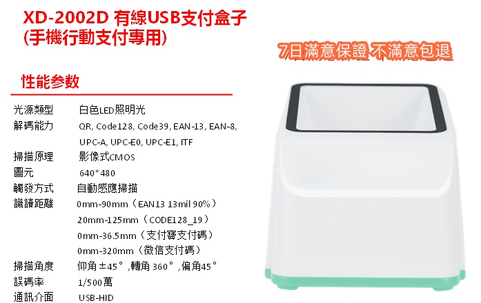 XD2002D 有線USB支付盒子(手機行動支付專用)性能参数日滿意保證不滿意包退光源類型白色LED照明光解碼能力QR Code12 Code39, EAN-13, EAN-8,UPC-A, UPC-, UPC-E1, ITF掃描原理影像式CMOS圖元640480觸發方式自動感應掃描識讀距離0mm-90mm(EAN1313 mil90%)掃描角度誤碼率通訊介面20mm-125mm(CODE128_19 )0mm-36.5mm(支付寶支付碼)0mm-320mm(微信支付碼)仰角±45°轉角 360°,偏角45°1/500萬USB-HID