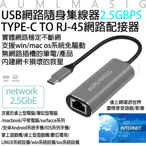 免運送到府【AUMLMASIG全通碩】USB網路隨身集線器 TYPE-C TO RJ-45 2.5GbE網路隨身配接器 採用全新原裝瑞昱科技晶片實體網路穩定不斷網 支援win/mac os系統免驅動 無網路接口筆電/產品 內建網卡損壞的救星