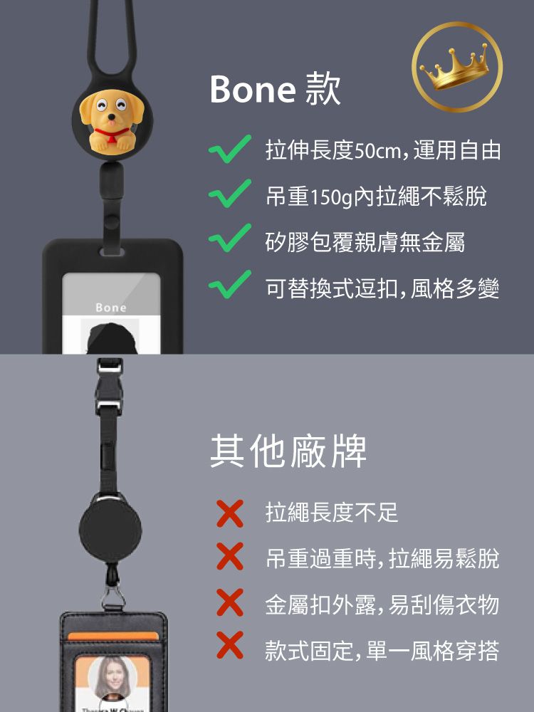 BoneBone 款拉伸長度50cm, 運用自由吊重150g內拉繩不鬆脫矽膠包覆親膚無金屬可替換式逗扣, 風格多變其他廠牌 拉繩長度不足吊重過重時, 拉繩易鬆脫金屬扣外露,易刮傷衣物各款式固定,單一風格穿搭