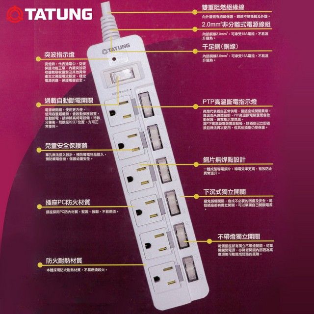 TATUNG 大同 3P電源延長線 7開6插 6尺 EN3-76-A8