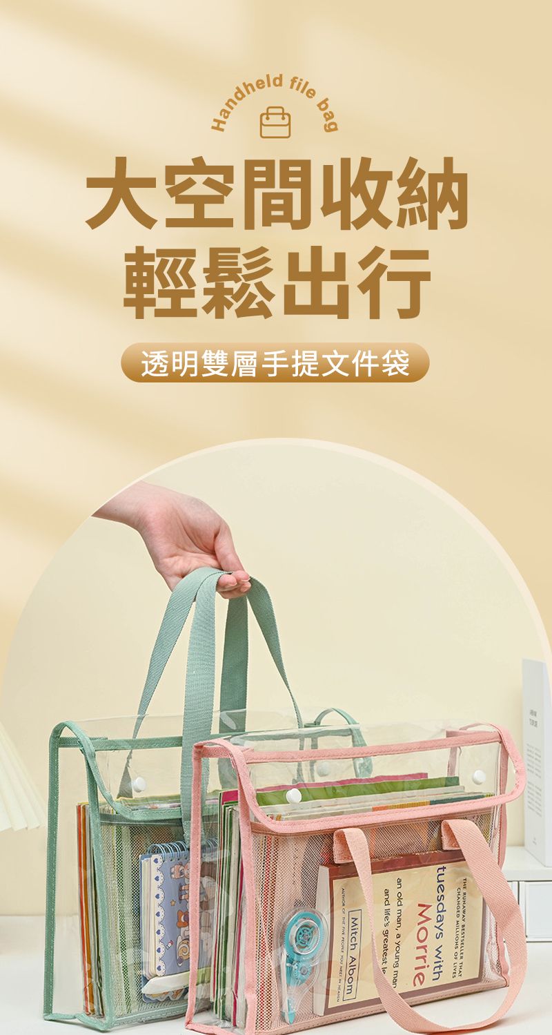 Handheldfilebag大空間收納輕鬆出行透明雙層手提文件袋   OF LIVEStuesdays withMoriean old man, a young ryoung and lifes greatestMitch