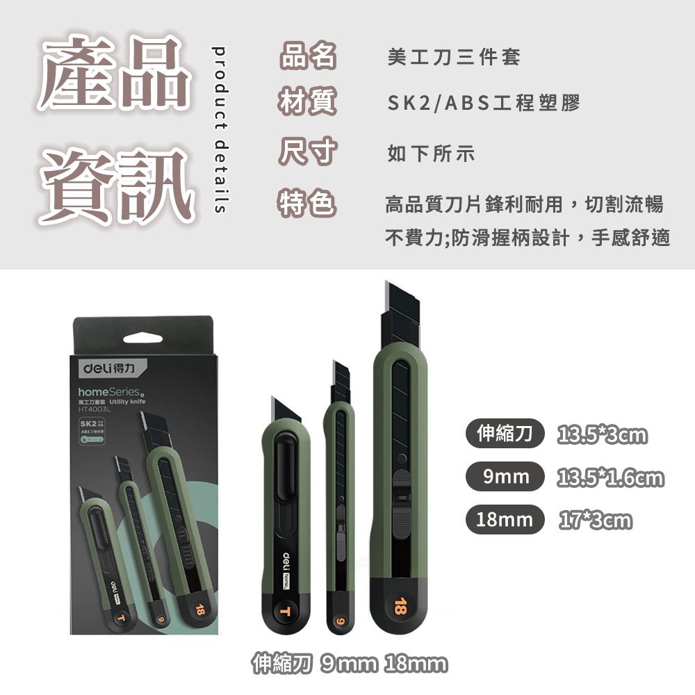 品名美工刀三件套材質SK2/ABS工程塑膠尺寸如下所示特色高品質刀片鋒利耐用,切割流暢不費力;防滑握柄設計,手感舒適product details產品資訊得力Series美工刀  knifeHT4003LSK2deli home6伸縮刀 13.53cm9mm 13.51.6cm18mm 173cm18伸縮 9mm 18mm