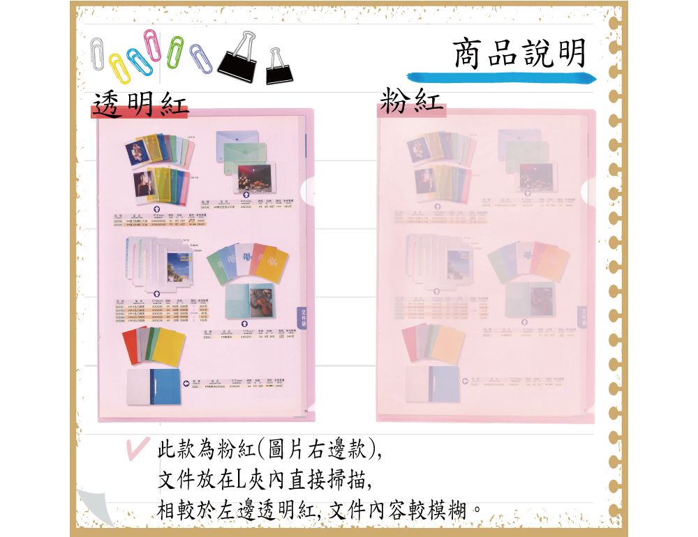 透明紅粉紅商品說明此款為粉紅(圖片右邊款),文件放在L夾內直接掃描,相較於左邊透明紅,文件內容較模糊。
