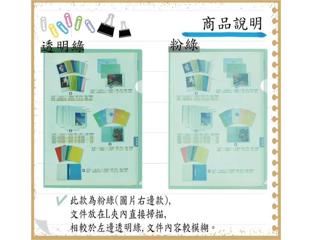 明綠粉綠商品說明此款為粉綠(圖片右邊款),文件放在L內直接掃描,相較於左邊透明綠,文件內容較模糊。