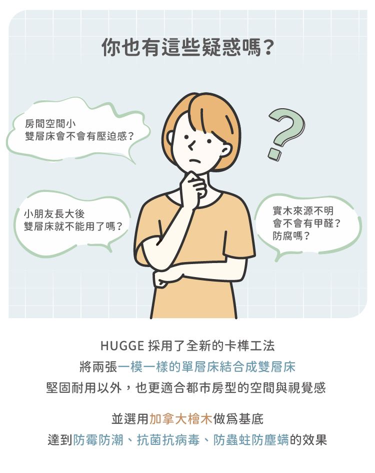 你也有這些疑惑嗎?房間空間小雙層床會不會有壓迫感?小朋友長大後雙層床就不能用了嗎?實木來源不明會不會有甲醛?防腐嗎?HUGGE 採用了全新的卡榫工法將兩張一模一樣的單層床結合成雙層床堅固耐用以外,也更適合都市房型的空間與視覺感並選用加拿大檜木做為基底達到防霉防潮、抗菌抗-病毒、防蟲蛀防塵螨的效果