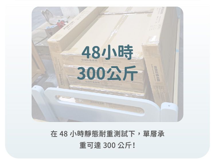 48小時300公斤收納在48小時靜態耐重測試下,單層承重可達300公斤!