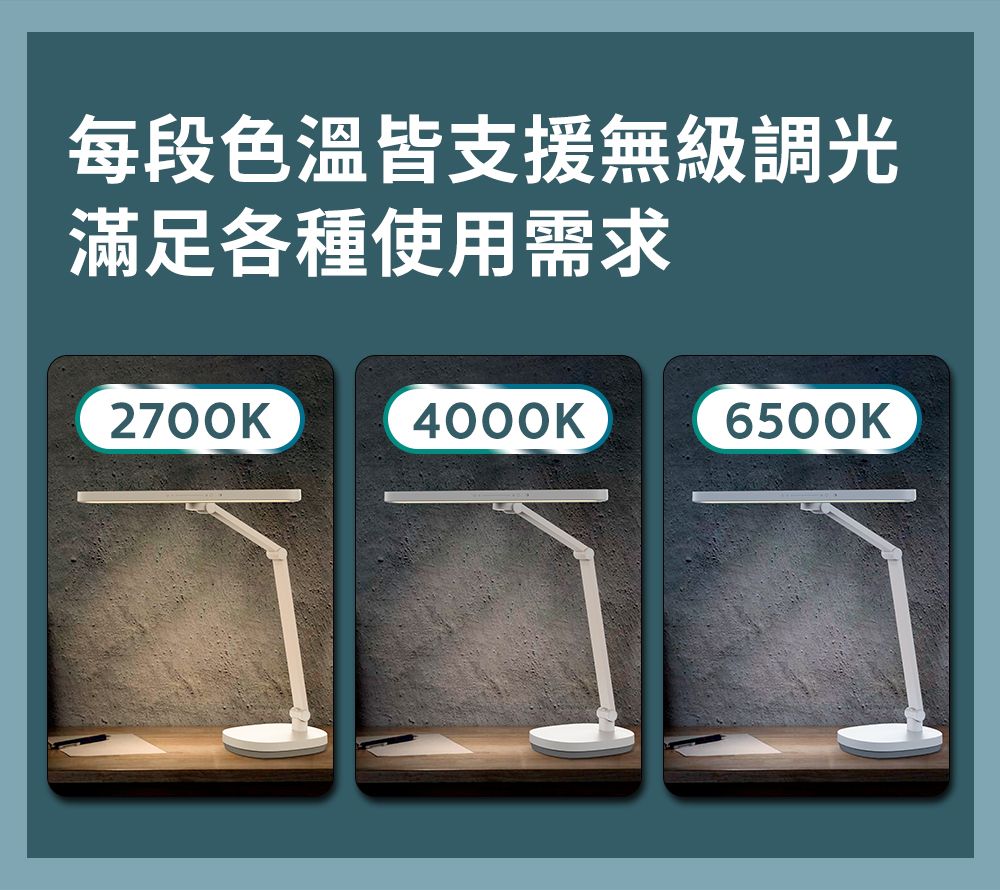 每段色溫皆支援無級調光滿足各種使用需求2700K4000K6500K