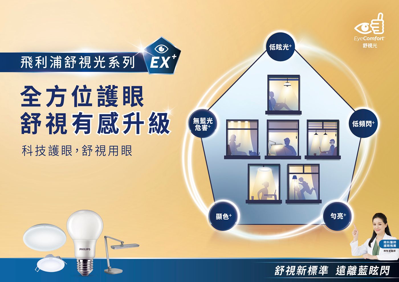 飛利浦舒視光系列 EX全方位護眼低眩光EyeComfort舒視光舒視有感升級無藍光危害低頻閃+科技護眼,舒視用眼PHILIPS顯色+亮+眼科醫師護眼推薦林怡汝醫師舒視新標準 遠離藍眩閃
