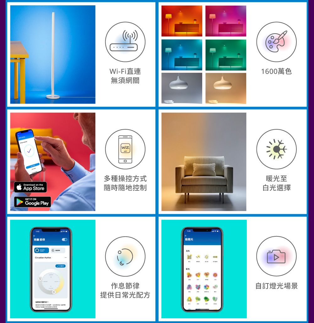 Wi-Fi直連無須網關Download on theApp StoreGET IT ONGoogle Play多種操控方式控制客廳 節律 作息節律提供日常配方動態光日光1600萬色暖光至白光選擇自訂燈光場景