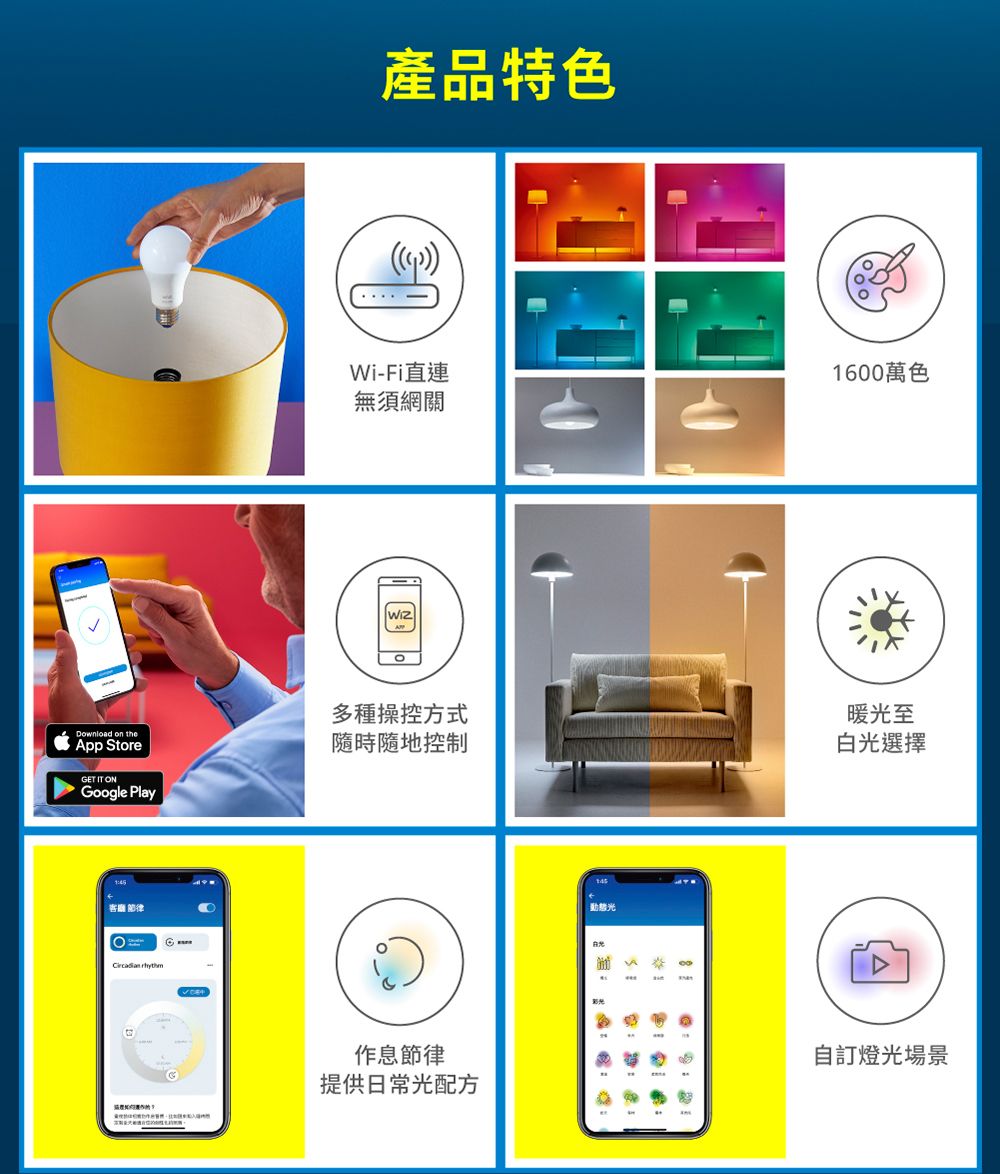 產品特色Wi-Fi直連1600萬色無須網關Download on theApp StoreET IT ONGoogle Play多種操控方式隨時隨地控制客廳  G作息節律提供日常配方動態光光暖光至白光選擇訂燈光場景