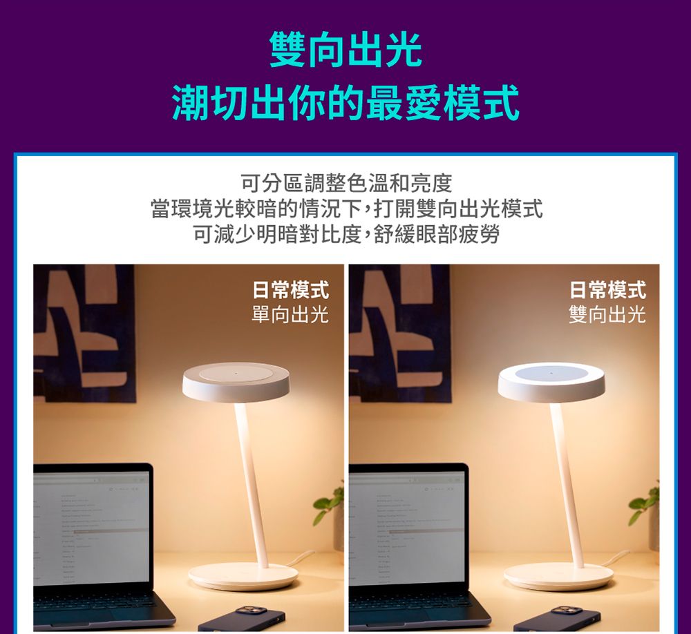 雙向出光潮切出你的最愛模式可分區調整色溫和亮度當環境光較暗的情況下,打開雙向出光模式可減少明暗對比度,舒緩眼部疲勞日常模式單向出光日常模式雙向出光