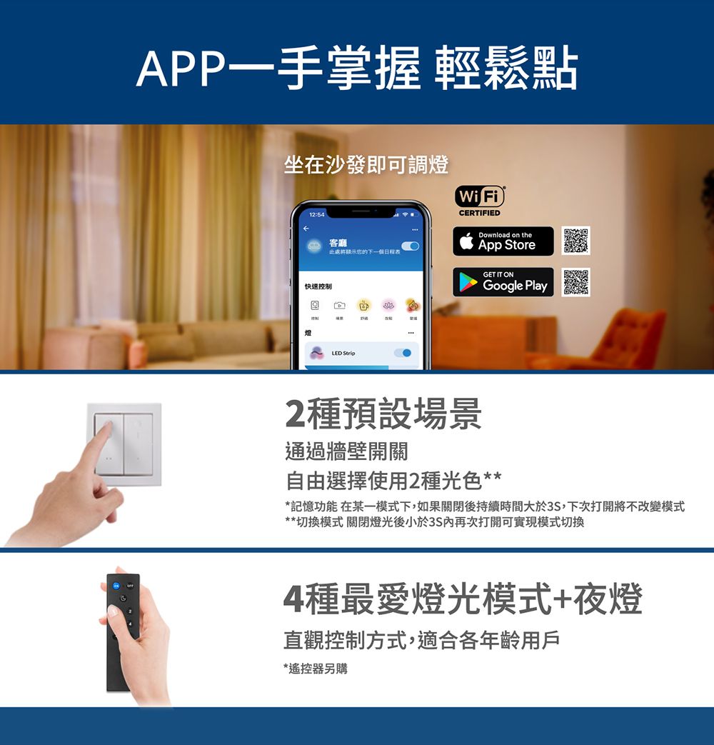 APP一手掌握 輕鬆點坐在沙發即可調12:54快速控制燈客廳顯示的下一個日程表LED StripWi FiCERTIFIEDDownload on theApp StoreGET IT ONGoogle Play2種預設場景通過牆壁開關自由選擇使用2種光色**記憶功能 在某一模式下,如果關閉後持續時間大於3S,下次打開將不改變模式**切換模式 關閉燈光後小於3S內再次打開可實現模式切換4種最愛燈光模式+夜燈直觀控制方式,適合各年齡用戶*遙控器另購