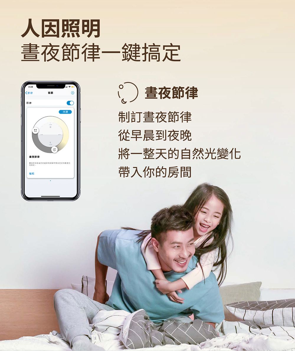 人因照明一鍵搞定節律客廳節律去夜節律所選晝夜節律晝夜節律從早晨到夜晚將一整天的自然光變化帶入你的房間