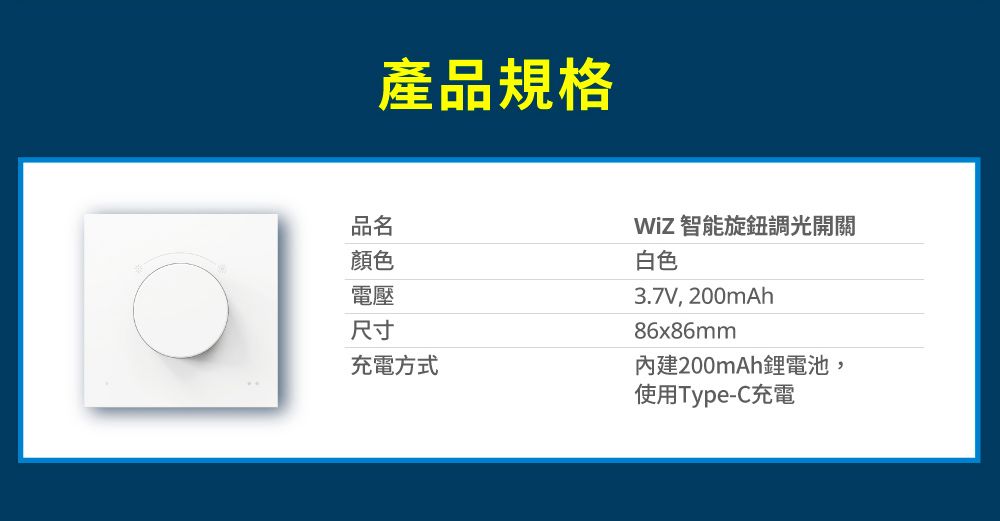 產品規格品名顏色電壓尺寸充電方式 智能旋鈕調光開關白色3.7V, 200mAh86x86mm內建200mAh鋰電池,使用Type-C充電