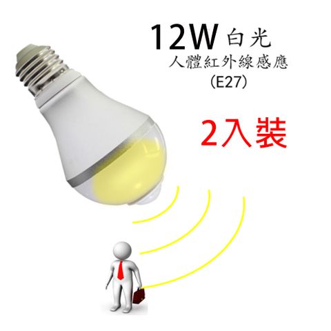 人體紅外線感應 LED燈泡-12W 白光 E27-2入裝