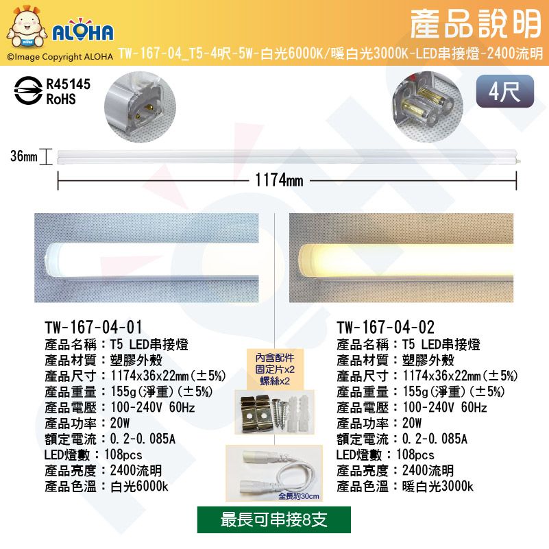 ALOHA 阿囉哈 T5串接燈/支架燈/層板燈-白光/暖白光-自家品牌生產-台灣現貨-BMSI認證