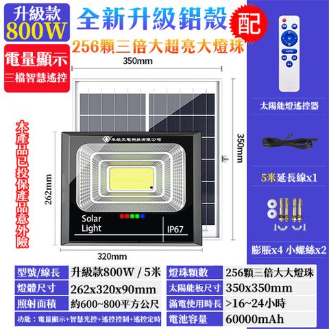 禾統 鋁殼增亮升級800W LED智能光控太陽能感應燈 遙控定時 探照燈 自由調節亮度 電量顯示